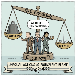 Cartoon with text: False Equivalence, Aggression, Defense, We reject this narrative, Middle Powers, Unequal actions ≠ equivalent blame.