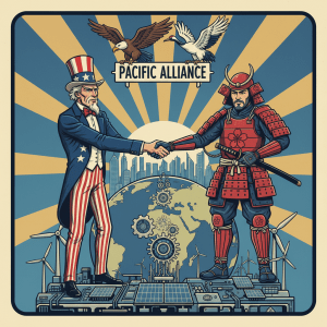 Uncle Sam and a Samurai shake hands under a sign reading PACIFIC ALLIANCE.