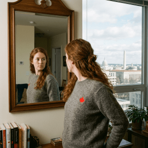 Woman looking at herself in a mirror inside an apartment with Washington DC landmarks visible through window