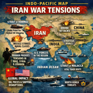 Map showing Iran war tensions and key related conflict zones in Indo-Pacific region with military symbols and locations