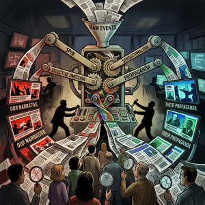 Machine processing raw events into biased news labeled spin, sensationalism, selective omission, and propaganda, feeding different narratives to people.