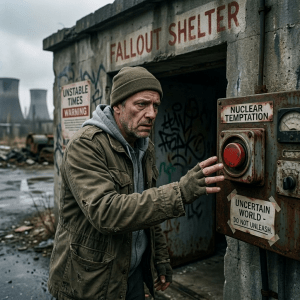 Man in a worn jacket and beanie reaching for a red button labeled 'Temptation' on a rusty control panel outside a fallout shelter.