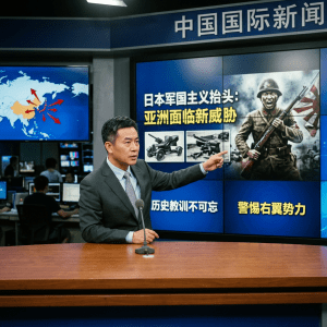 News anchor pointing to screen showing Japanese soldier and artillery with Chinese text about Asian threats