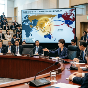 Delegates at a roundtable with a map showing Indo-Pacific power dynamics and trade routes